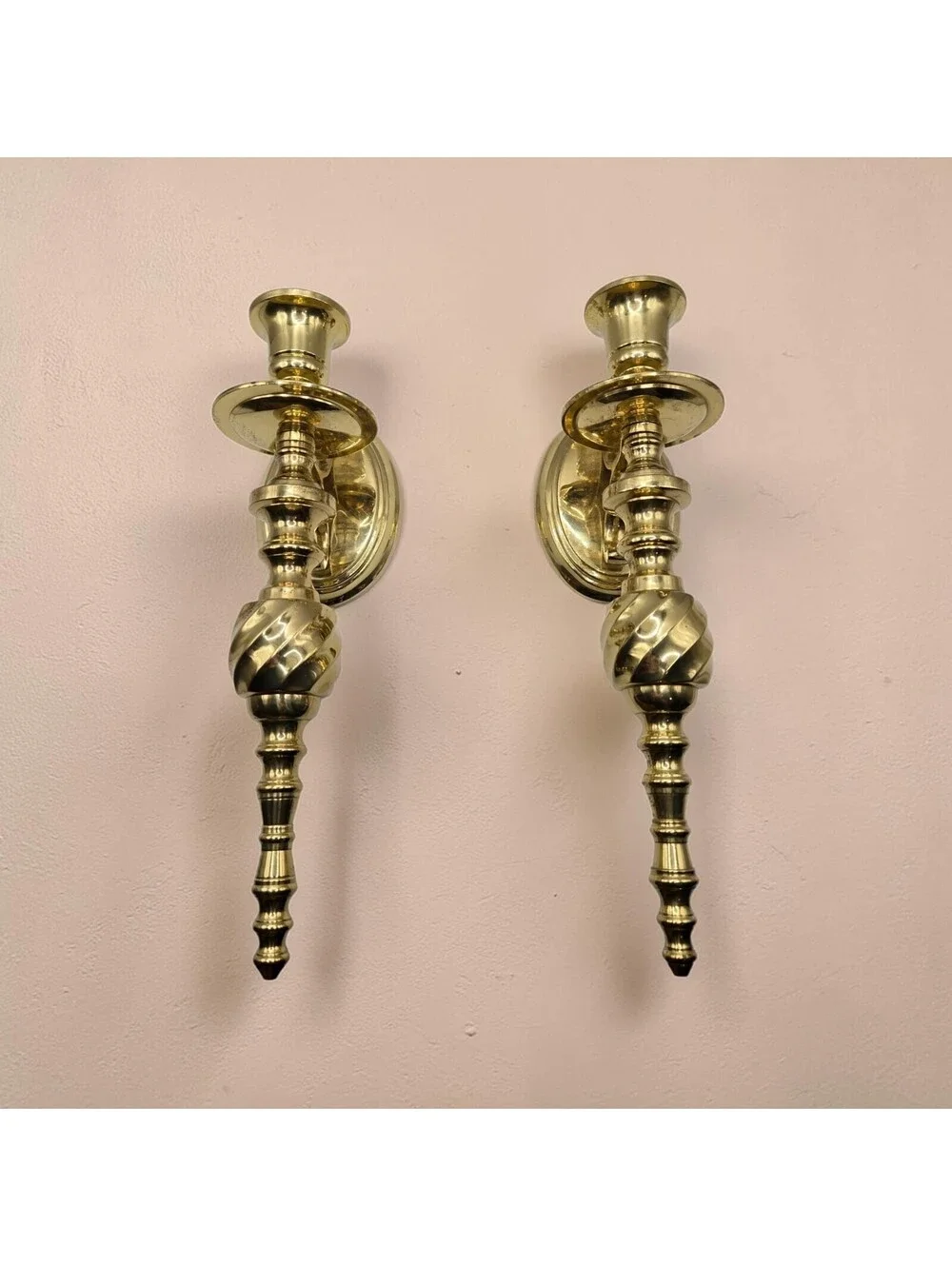Vintage Solid Brass Pair/Set Wall Sconce Candle Holders Twist Swirl 10
